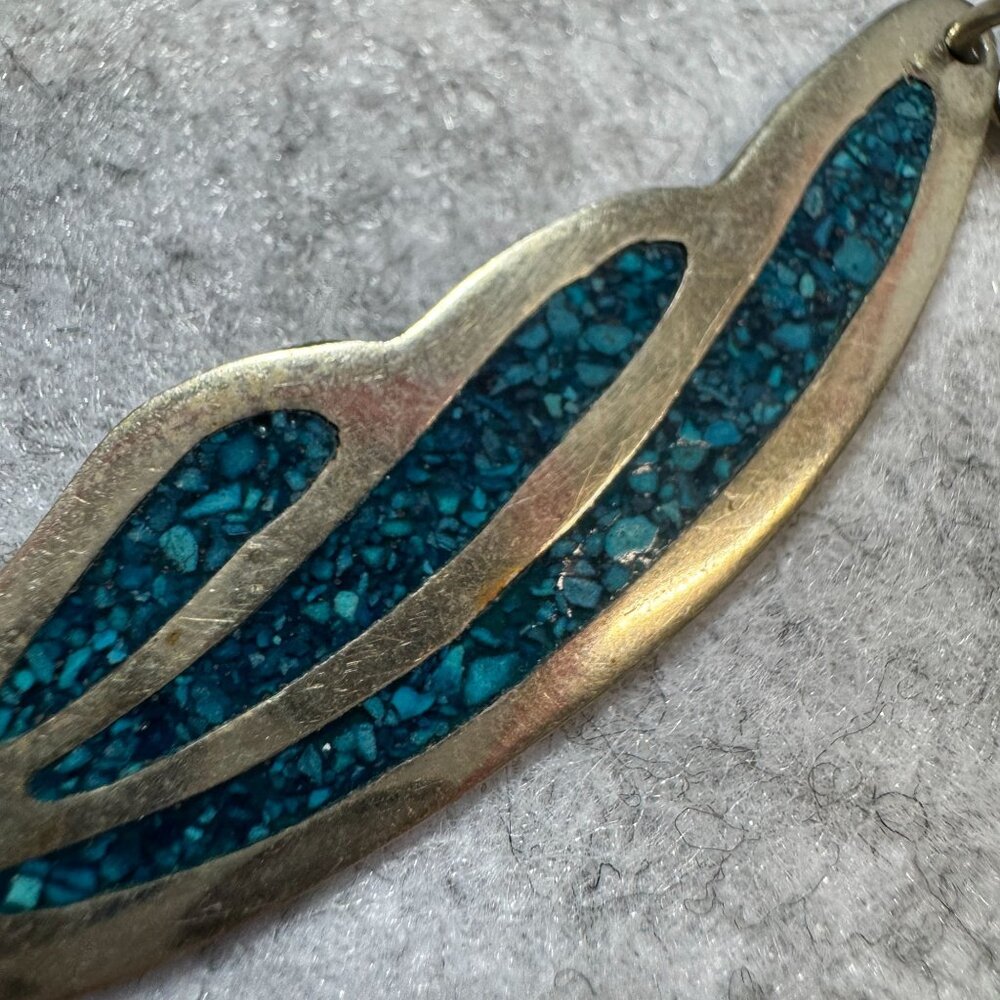 Vintage Alpaca Sterling Silver & Turquoise Chip Mosaic Inlay Necklace 60s - Picture 2 of 5
